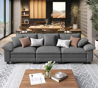 SUNSHINE VALLEY 3 Seat Modular Sofa, 123.6'' Oversized Modern Corduroy Sectional Couch with Removable Armrest and Pillow, Upholstered Cloud Deep Seat Sofa for Living Room, Grey