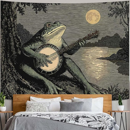 Leeisysme Funny Frog Tapestry, Boho Vintage Wall Hanging with Playing Banjo, Aesthetic Meme Decor for Bedroom Dorm Living Room, 60x80 inches