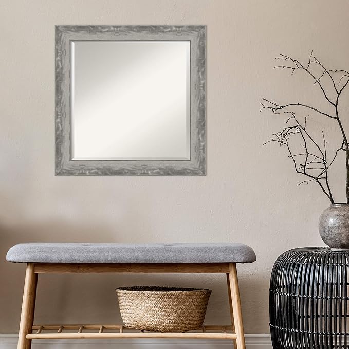 Amanti Art Silver Bathroom Mirror for Over Sink, 25x25 Waveline Silver Narrow Square Vanity Mirror, Medium Casual Frame, Hangs Horizonally and Vertically, Bathroom Wall Decor, Beveled Edge