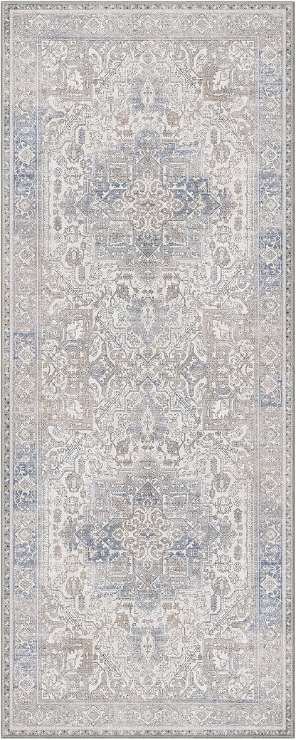 GENIMO 2'6"x8 Runner Rugs for Hallway, Machine Washable Non Slip Vintage Retro Rugs, Low Pile Lightweight Thin Print Rug for enrtyway, Corridor, Home Office, Kitchen, Khaki Blue
