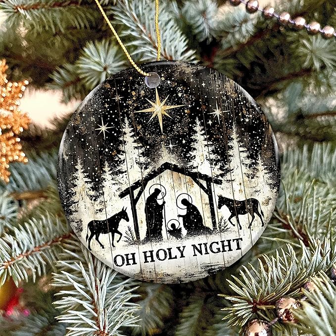 Oh Holy Night Nativity Ornament 2025 – Gift for Congregation, Rustic Christian Décor Featuring Manger Scene with Baby Jesus, Mary, Joseph, Star of Bethlehem, Religious Keepsake for Faith-Based