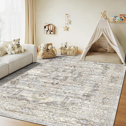 10x14 Living Room Rug - Large Washable Non Slip Vintage Rugs Low Pile Stain Resistant Distressed Carpet for Bedroom Dining Room Home Office 10'x14' Beige/Brown