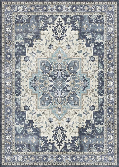 GENIMO 2x7 Runner Rugs for Hallway, Machine Washable Non Slip Vintage Rugs, Low Pile Lightweight Soft Print Rug for enrtyway, Corridor, Home Office, Kitchen, Center Blue