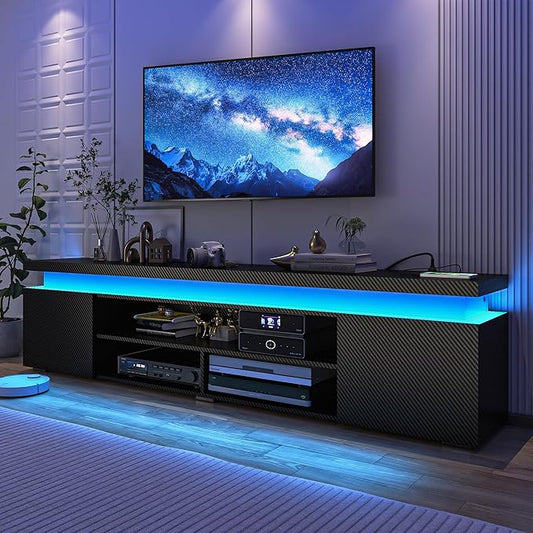 Hlivelood LED TV Stand for 95 Inch TV, Modern TV Stand with Power Outlet, TV Console Entertainment Center with Storage and LED Lights for Living Room, Bedroom (83 Inch, Black Carbon Fiber)