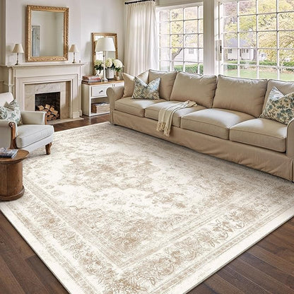 PureCozy Area Rug 10x12 Cream Washable Living Room Beige Carpet Non Slip Vintage Medallion Indoor Bedroom Beige Carpet Low Pile Soft Retro Distressed Large Rug Home Office Dining Room Playroom