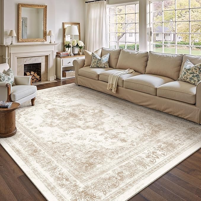 PureCozy Area Rug 10x12 Cream Washable Living Room Beige Carpet Non Slip Vintage Medallion Indoor Bedroom Beige Carpet Low Pile Soft Retro Distressed Large Rug Home Office Dining Room Playroom