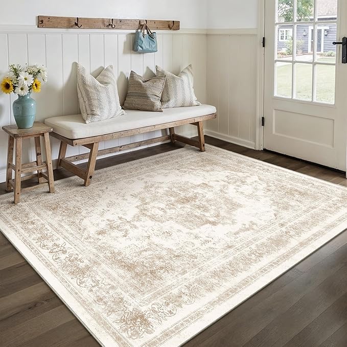 PureCozy Area Rug 5x7 Cream Washable Living Room Beige Carpet Non Slip Vintage Medallion Low Pile Soft Indoor Bedroom Retro Distressed Indoor Rug for Kitchen Home Office Laundry Dining Room