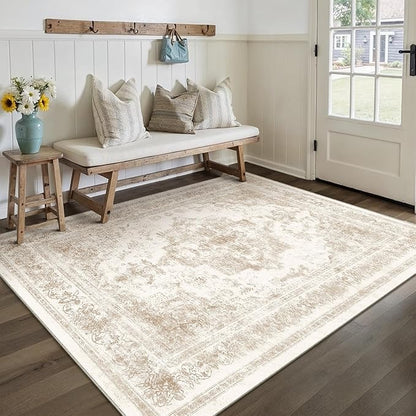 PureCozy Area Rug 5x7 Cream Washable Living Room Beige Carpet Non Slip Vintage Medallion Low Pile Soft Indoor Bedroom Retro Distressed Indoor Rug for Kitchen Home Office Laundry Dining Room