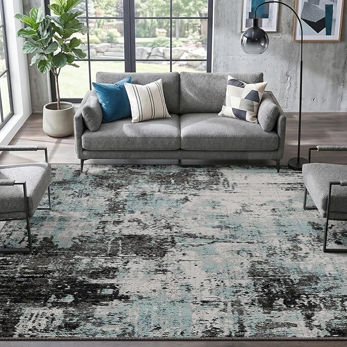 RELEANY Washable Area Rugs 8'x10' Non-Slip Modern Abstract Soft for Living Room Entryway Bedroom Nursery, Print Pattern, Blue Black Teal