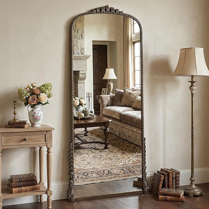 Antok Floor Mirror, 71"×32" Vintage Full Length Mirror Carved Full Body Mirror with Stand, Hanging Mounted for Bedroom Living Room Cloakroom,Bronze,Luxury Style