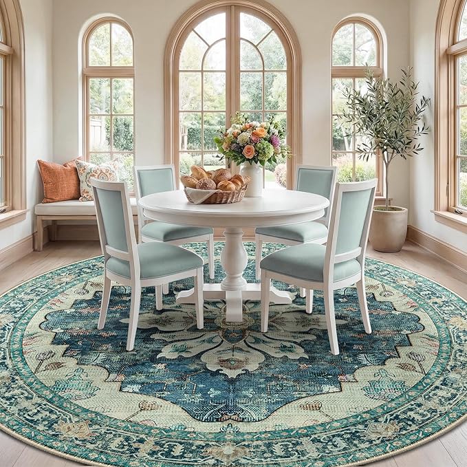 RELEANY Area Rugs Round 8ft Washable Non-Slip, Floral Vintage Distress Print Pattern Medallion Carpet for Living Room Bedroom Dining Room, Dark Blue Vintage