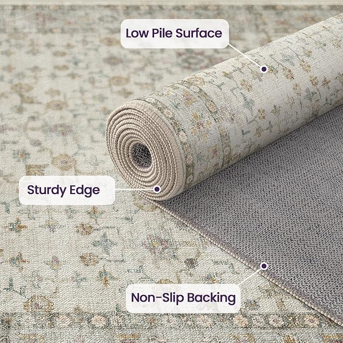 DEXI Area Rugs for Living Room, 5x8 Washable Low Pile Vintage Rug for Bedroom, Non Slip Indoor Carpet for Dining Office Nursery, Beige Cream