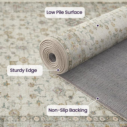 DEXI Area Rugs for Living Room, 5x8 Washable Low Pile Vintage Rug for Bedroom, Non Slip Indoor Carpet for Dining Office Nursery, Beige Cream