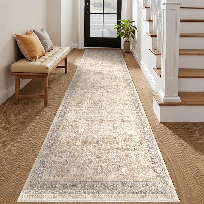 Washable Runner Rug 3x10, Vintage Earth Tone Hallway Runner for Kitchen Floor Non Slip, Low Pile Thin Long Carpet Runner for Entryway Corridor Mudroom Foyer, Farmhouse Neutral Beige Taupe