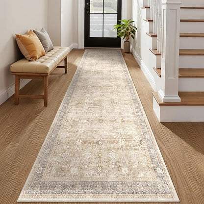 Washable Runner Rug 3x10, Vintage Earth Tone Hallway Runner for Kitchen Floor Non Slip, Low Pile Thin Long Carpet Runner for Entryway Corridor Mudroom Foyer, Farmhouse Neutral Beige Taupe