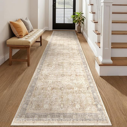 Washable Runner Rug 3x10, Vintage Earth Tone Hallway Runner for Kitchen Floor Non Slip, Low Pile Thin Long Carpet Runner for Entryway Corridor Mudroom Foyer, Farmhouse Neutral Beige Taupe