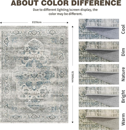 9x12 Area Rugs for Living Room, Machine Washable Non Slip Vintage Rug, Non-Slip Stain Resistant, Large Soft Home Decor Rug for Bedroom Dining Room (Blue/Grey,9'x12')