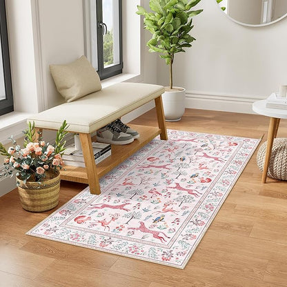 DUKINO 2x4 Rug for Hallway, Washable Kitchen Runner Rug with Non Slip Backing, Soft Low Pile Vintage Animal Runner for Bedroom, Kitchen, Hallway, Entryway, Laundry, Pink