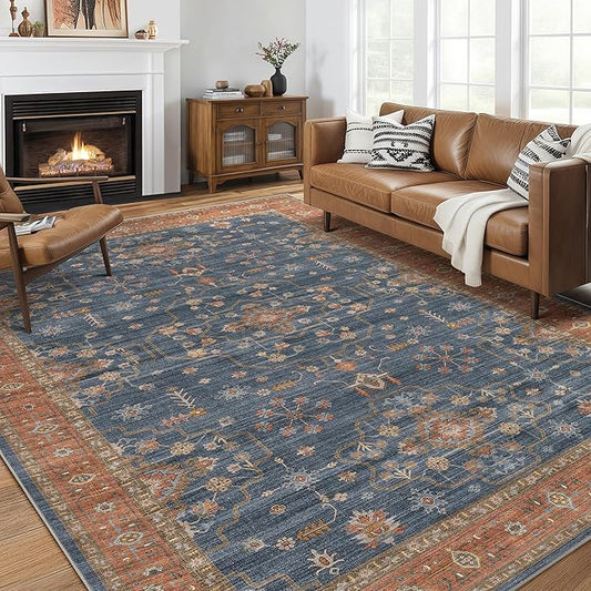 10x12 Area Rug for Living Room- Machine Washable Soft Oriental Vintage Large Indoor Floor Carpet for Bedroom Under Dining Table Home Office Decor - Blue Terracotta