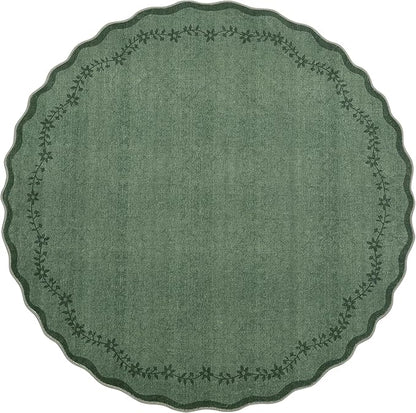 GarveeHome Round Area Rugs 5ft for Bedroom, Solid Dark Green Washable Circle Rug Soft Non Slip Floral Print Floor Mat Carpet Indoor Thin Rug for Kids Room Dining Room Playroom Nursery