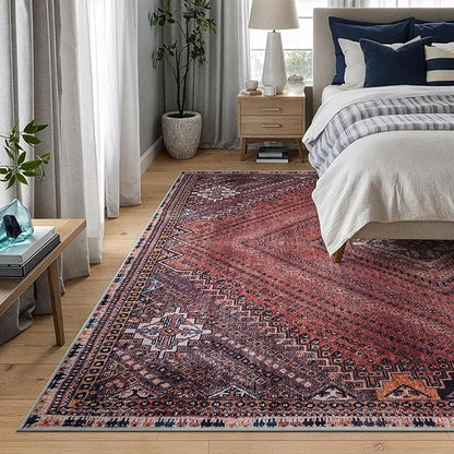 Bloom Rugs Washable Non-Slip 9' x 12' Rug - Red/Multicolor Traditional Bordered Area Rug for Living Room, Bedroom, Dining Room, and Kitchen - Exact Size: 9' x 12'