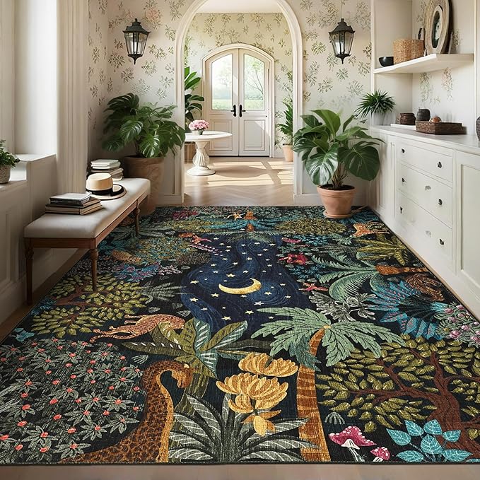 GarveeHome 5x7 Jungle Area Rug Washable Rugs for Living Room Bedroom, Soft Low Pile Non Slip Accent Floor Mat Animal Print Throw Rug Indoor Carpet Dining Room Playroom