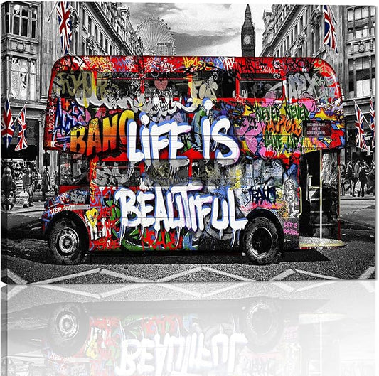 Banksy Street Art Mural Colorful Graffiti Bus Canvas Wall Art Life is Beautiful Pop Art Modern Framed Canvas Wall Art Decor for Room Living Room Bedroom Walls Easy to Hang 16x12 Inch
