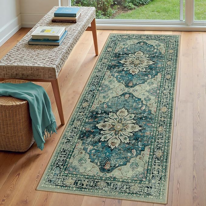 RELEANY Area Rugs 3'x6' Runner Rug Non Slip Washable for Kitchen Hallway Bedroom Beside Laundry Room Bathroom Rug, Floor Carpet, Dark Blue Vintage