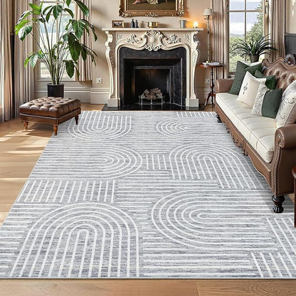 ROYHOME Washable Rug 5x7 Area Rugs for Living Room, Abstract Rug for Bedroom, Soft Rainbow Non Slip Throw Rugs with Rubber Back, Low Pile Stain Resistant Boho Geometric Carpet for Dining Room, Ash