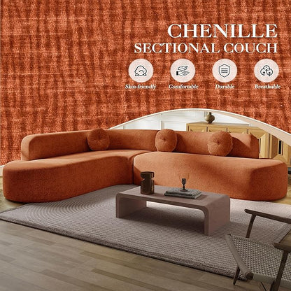 Deep Seat Curved Sectional Sofa - Cloud Round Couch with Elegant Curved Design & 3 Round Cushions, L-Shaped Comfy 4 Seater Floor Sofa, No Assembly Required (Orange)