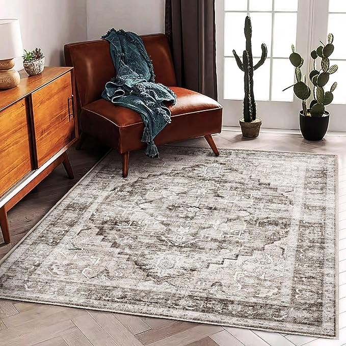CHAMPLANT 3'x5' Deep Khaki Vintage Washable Thin Area Rug Traditional Floor Cover Foldable Indoor Distressed Non Slip Carpet for Bedroom Living Room Bathroom