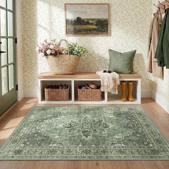 RELEANY Area Rugs 3'x4' Washable Non-Slip, Floral Vintage Distress Print Pattern Medallion Carpet for Living Room Bedroom Dining Room, Dark Green Gray