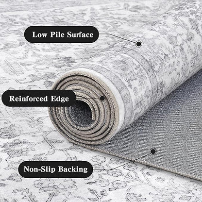 2x6 Gray Runner Rug Hallway Non Slip Washable Area Rugs Kitchen Soft Vintage Boho Long Rug Distressed Floral Carpet Indoor Low Pile Throw Rug for Bedroom Bathroom Laundry Dining Room Office