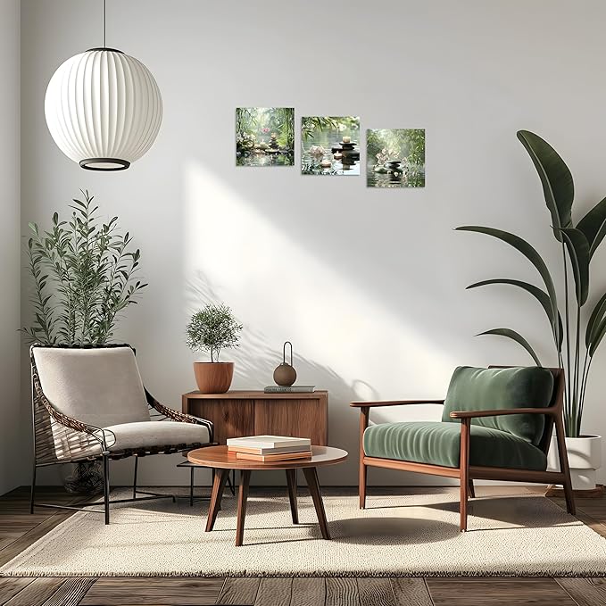 TutuBeer 3 Pcs Zen Wall Art Zen Pictures for Bathroom Spa Still Life Spa Stone Green Bamboo White Orchid on Water Pictures Print on Canvas for Home Office Wall Decor Stretched and Framed 14x14inchx3