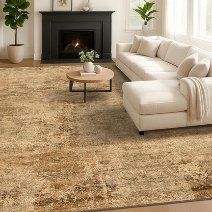 Hazo Haus Large Brown Golden Rug for Living Room - Rustic Farmhouse 9x12 Area Rug for Dining Room Table, Bedroom Under Bed, Non Slip with Rubber Backing & Stain Resistant