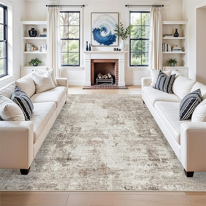 9x9 Square Area Rug Living Room – Washable Non-Slip Indoor Rug for Bedroom Dining Room Home Office – Low Pile Soft Durable Modern Neutral Carpet (Beige/Grey)