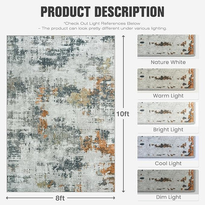 Area Rug 8x10 Living Room Rug Washable: No-Slip Abstract Soft Thin Large Grey Rugs, Indoor Floor Stain Resistant Modern Carpet for Bedroom Dining Room Farmhouse Nursery Home Office (Grey, 8'x10')