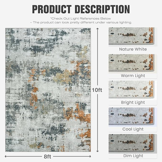 Area Rug 8x10 Living Room Rug Washable: No-Slip Abstract Soft Thin Large Grey Rugs, Indoor Floor Stain Resistant Modern Carpet for Bedroom Dining Room Farmhouse Nursery Home Office (Grey, 8'x10')