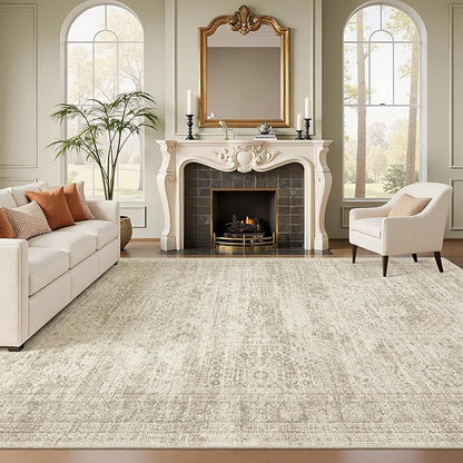 Soalmost 7x10 Area Rug for Living Room Washable Abstract Vintage Soft Thin Indoor Floor Non-Slip Carpet for Bedroom Dining Room Beige