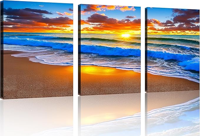 TutuBeer 3 Panels Beach Pictures Blue Sea White Beach at Sunrise Picture Print on Canvas Ocean Pictures Wall Decor Ocean Canvas Art Seascape Wall Art Stretched and Framed 12" x16" x 3
