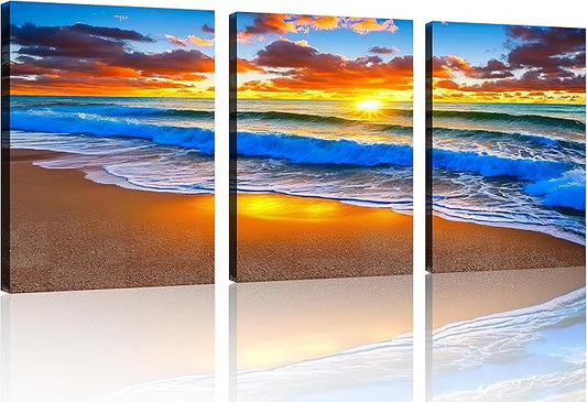 TutuBeer 3 Panels Beach Pictures Blue Sea White Beach at Sunrise Picture Print on Canvas Ocean Pictures Wall Decor Ocean Canvas Art Seascape Wall Art Stretched and Framed 12" x16" x 3