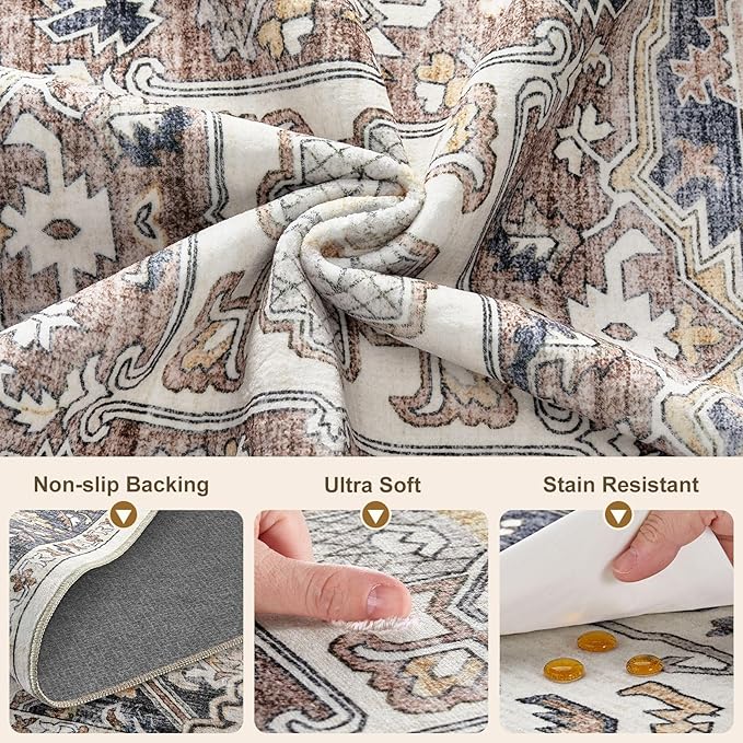 Washable 3x8 Runner Rugs: Non Slip Vintage Blue Beige Area Rugs for Living Room, Large Soft Stain Resistant Indoor Floor Carpets for Bedroom Dining Room Nursery Home Office Kid & Pet Friendly