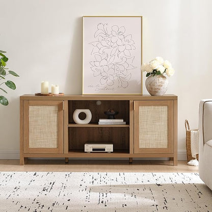 SICOTAS TV Stands for Living Room : Rattan TV Console Cabinet with Storage and Shelf, Boho Entertainment Center, 59" Media Console for 55, 65 Inch TV, 26" Tall Television Stands, Oak