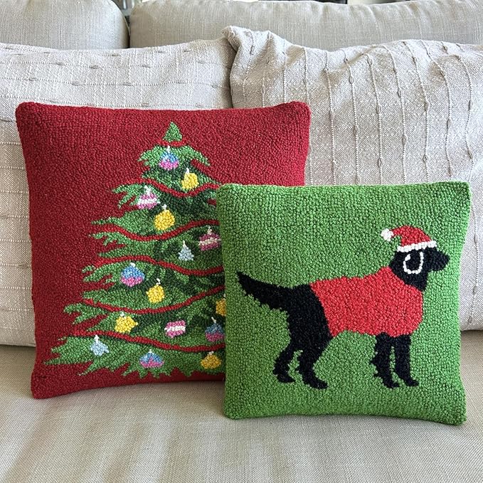 Hand Hooked Christmas Pillow - 12X12 inches Throw Pillow for Couch or Dorm (Black Lab)