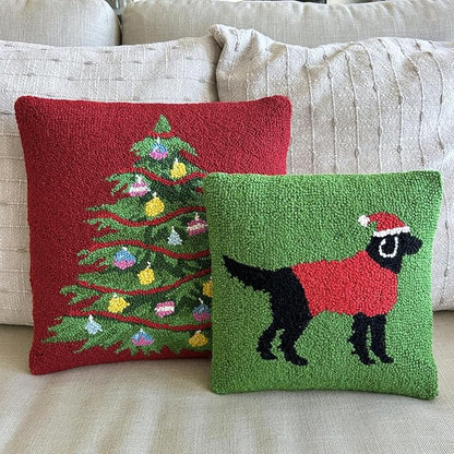 Hand Hooked Christmas Pillow - 12X12 inches Throw Pillow for Couch or Dorm (Black Lab)