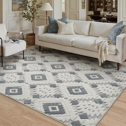 PureCozy Moroccan 4x6 Area Rug for Living Room Blue Grey Washable Checkered Shag Bedroom Carpet Non Slip Soft Neutral Boho Modern Throw Rug Entryway Office Kitchen Dining Room Nursery