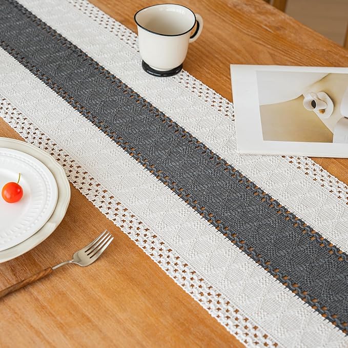FEXIA Boho Table Runner for Summer Home Decor with Tassels 36 Inches Long Farmhouse Grey Rustic Burlap Table Runner Macrame Table Decoration for Kitchen Bedroom Living Room (12x36 Inches)