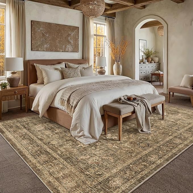 9x12 Brown Washable Area Rugs for Living Room Non Slip Low Pile Vintage Boho Throw Rug Soft Retro Distressed Floral Large Carpet Indoor Farmhouse Decor for Bedroom Dining Room Office Kitchen Playroom