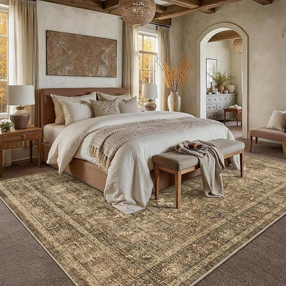 9x12 Brown Washable Area Rugs for Living Room Non Slip Low Pile Vintage Boho Throw Rug Soft Retro Distressed Floral Large Carpet Indoor Farmhouse Decor for Bedroom Dining Room Office Kitchen Playroom