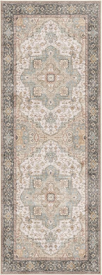EIEIHOUSE Washable 2x6 Runner Rug - Area Rugs Neutral Vintage Distressed Floral Farmhouse Boho Large Soft Floor Rug Indoor Carpet for Hallway Entryway Bedroom Kitchen - Forest Green Orange